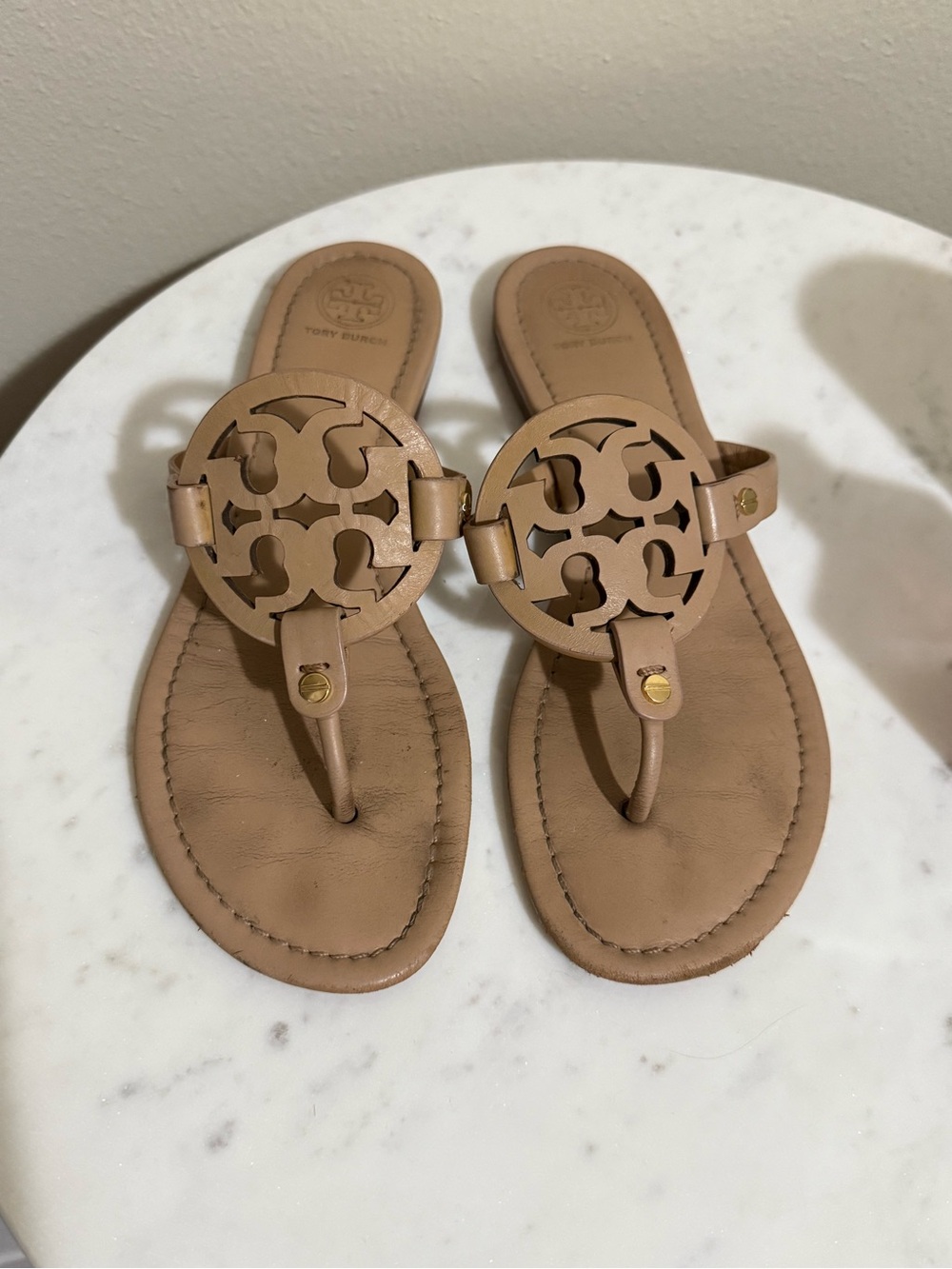 Tory Burch Beige Cutout Logo Leather Sandals